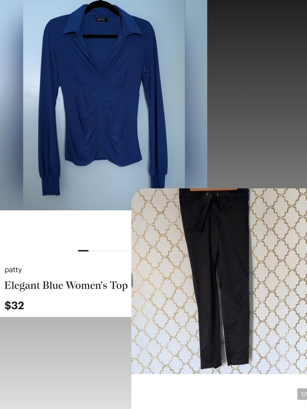 OUTFIT BUNDLE Patty Blue Ruched V-Neck Long Sleeve BCBG MAX Azria satin Pants